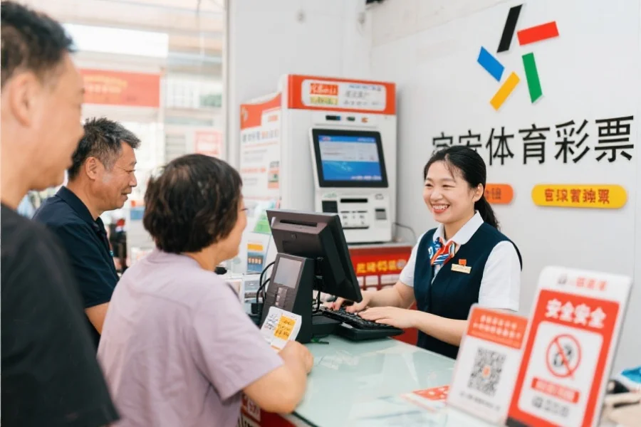 购彩者在官方体彩销售点柜台前，工作人员微笑服务，背景可见终端设备和安全提示