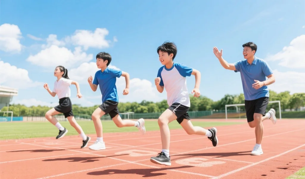 青少年男女在户外田径场上活力奔跑，教练在一旁鼓励指导，背景是蓝天白云