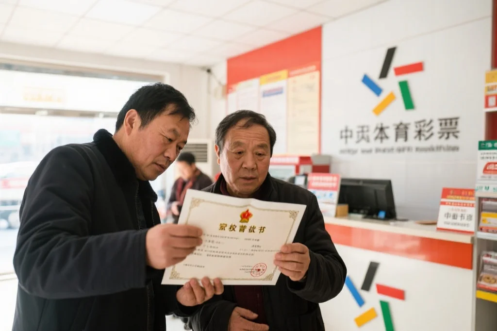 顾客在体育彩票销售点认真查看官方授权证书，背景为明亮整洁的店面